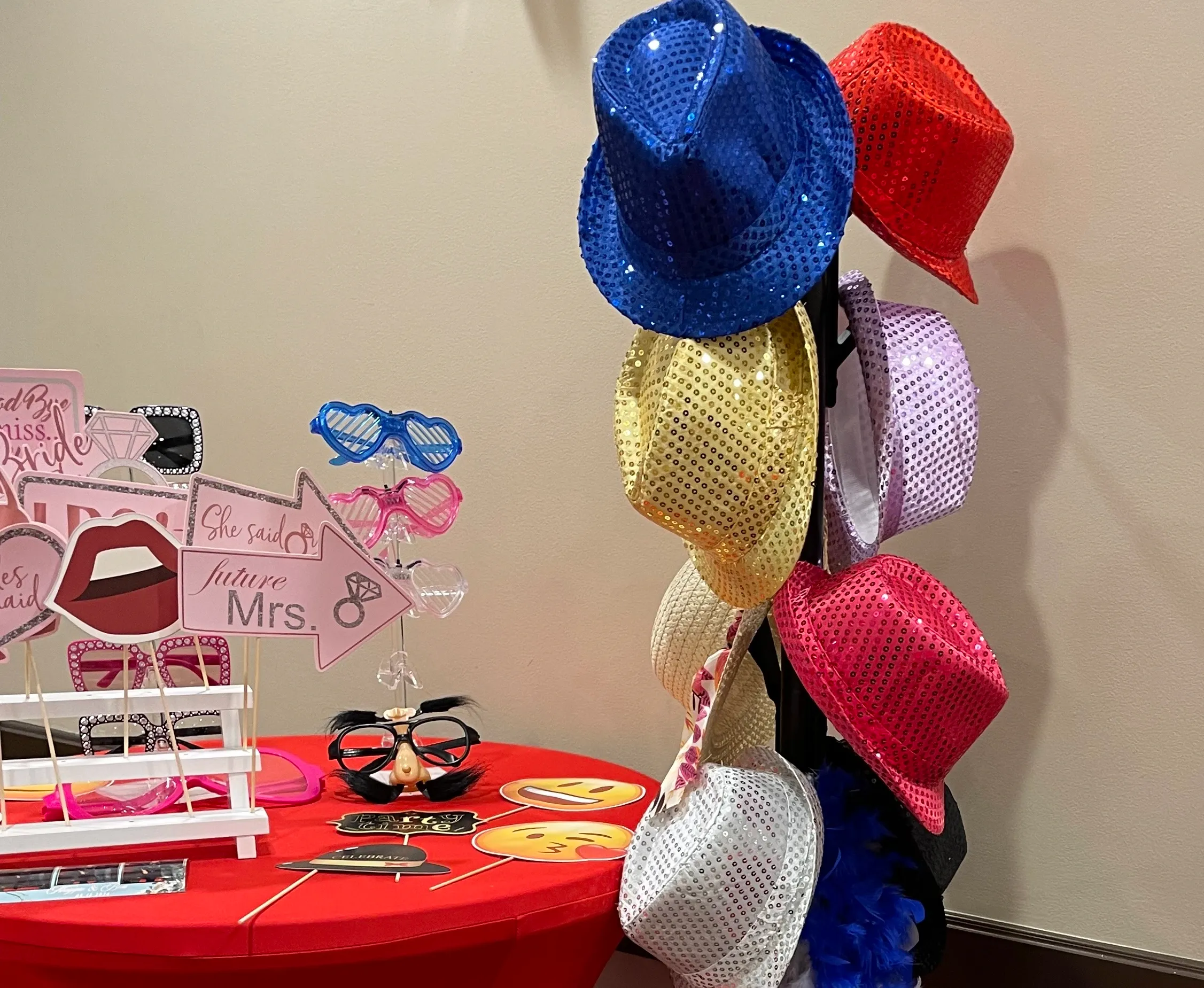 Explore MJ's premium photo booth props, offering a wide variety of customizable and interactive options to enhance your event with fun and personalized touches.